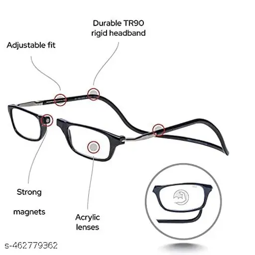 Crown Pharma Rectangular Magnetic Adjustable Front Connect Full Rim Plastic Reading Glasses For Men/Women ||Black +2