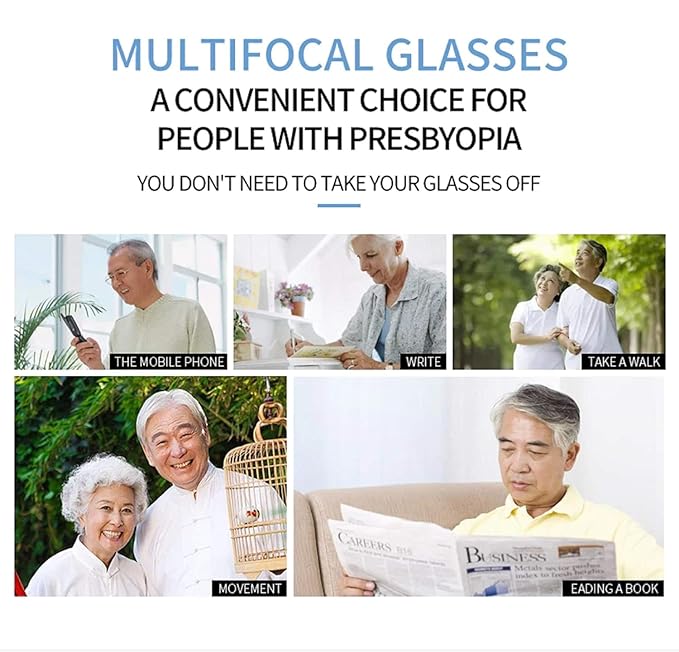 Rimless Progressive Multifocus Reading Glasses Blue Light Blocking No Line Multifocal Computer Readers for Women Men Unisex Rectangular Eyewear Titanium Lightweight