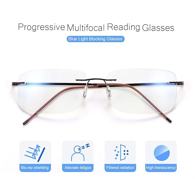 Rimless Progressive Multifocus Reading Glasses Blue Light Blocking No Line Multifocal Computer Readers for Women Men Unisex Rectangular Eyewear Titanium Lightweight