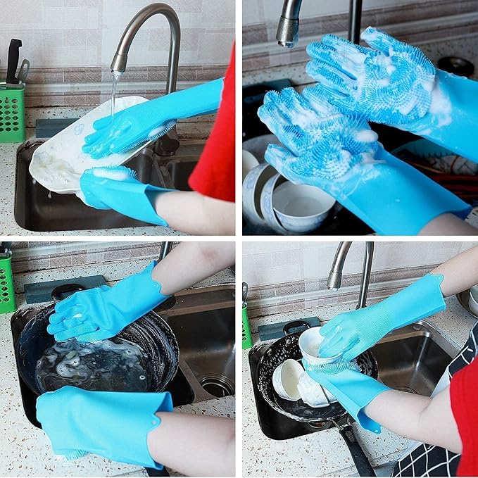 Zepham Reusable Rubber Silicon Household Scrubber Heat Resistant Gloves For Dish Washing, Cleaning, Gardening Hand Gloves For Kitchen (1 Pair, Free size) Color May Vary Depending On Availability.